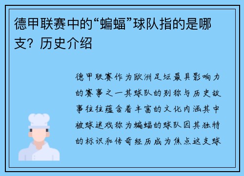 德甲联赛中的“蝙蝠”球队指的是哪支？历史介绍